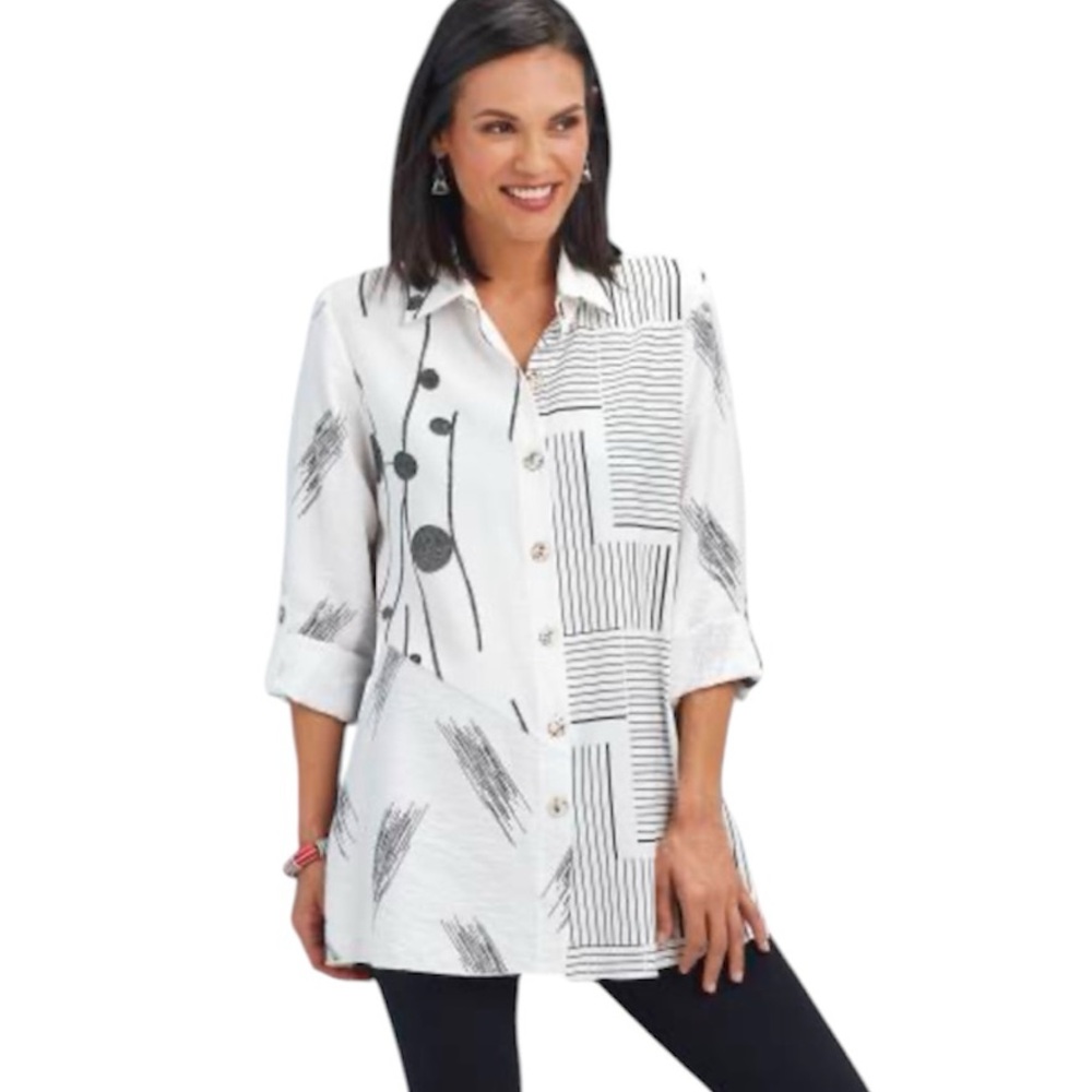 NorthStyle Women's White Black Mixed‎ Pattern Blouse Size 1X NWOT